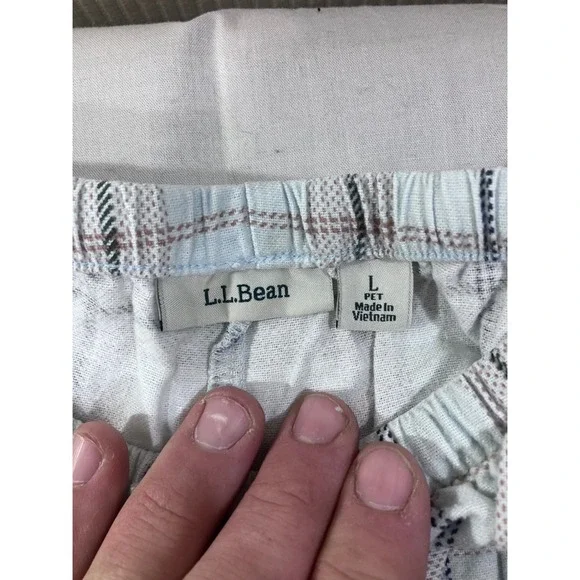 LLBean Long Sleeve Henley Pajama Set Top Pants Light Blue Plaid Cotton L PET - Picture 9 of 15